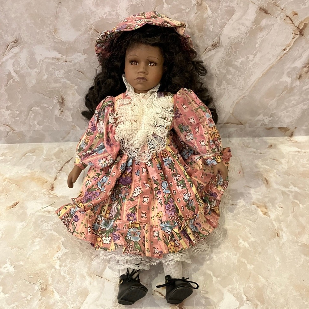 Vintage African-American Porcelain Collector's Doll Pink Floral Dress & Bonnet